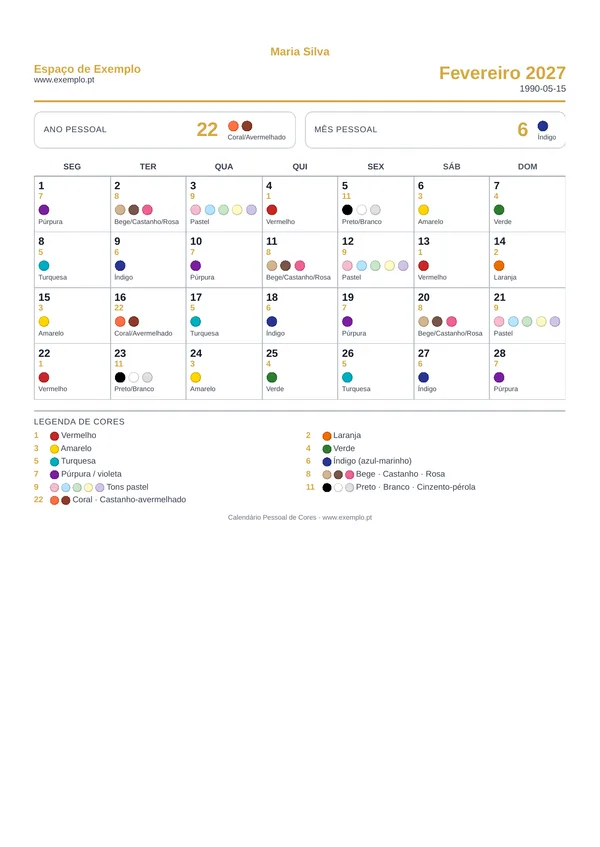 Exemplo de Calendário de Cores (dados fictícios)